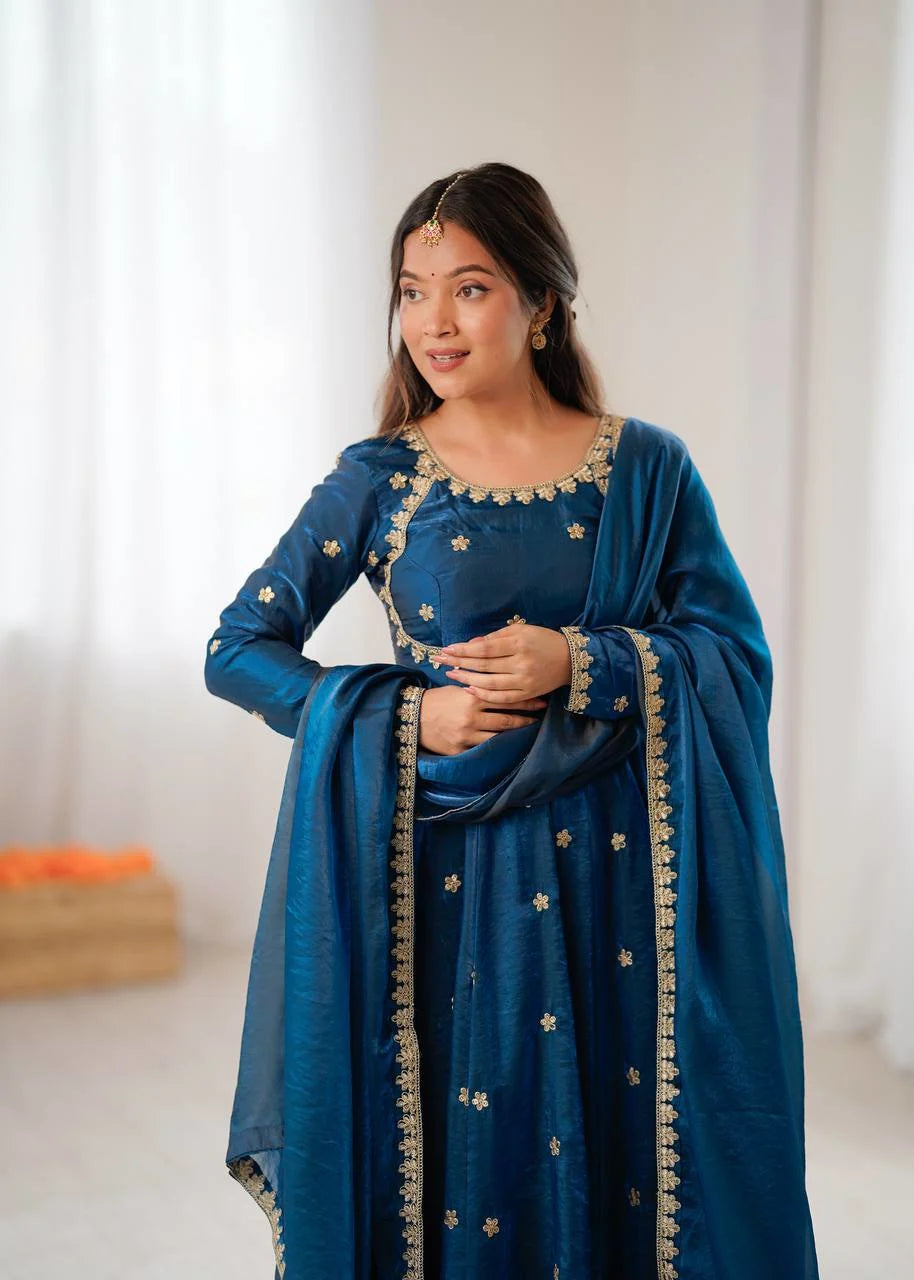 Stunning Teal Blue Gown Outfit with Pent & Dupatta : Classy & Trendy
