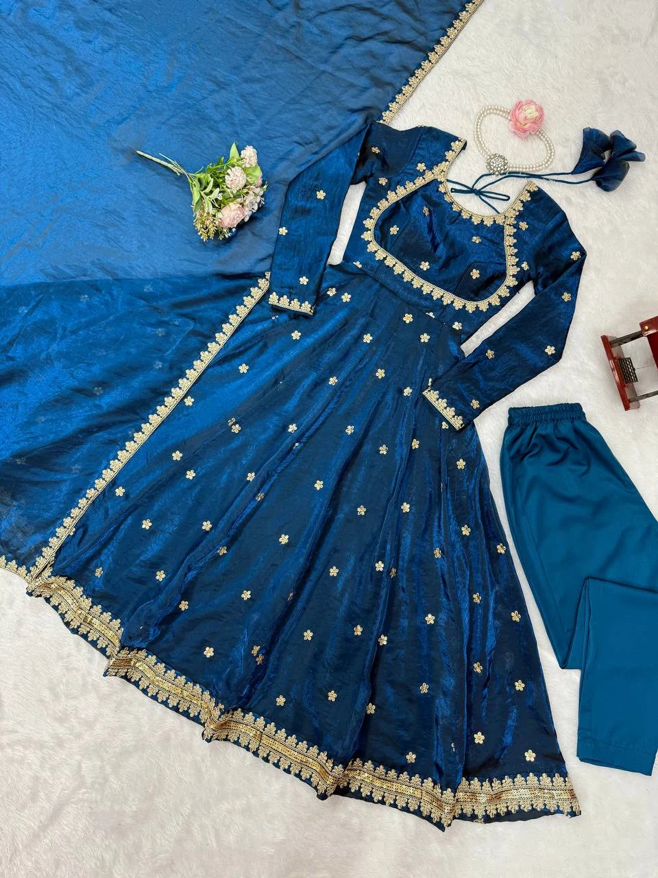 Stunning Teal Blue Gown Outfit with Pent & Dupatta : Classy & Trendy