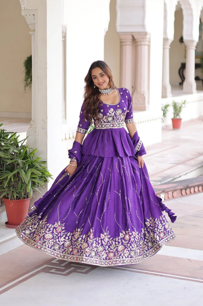 Gold Crush Embroidered Lehenga Set with Designer Peplum Blouse & Lace Dupatta