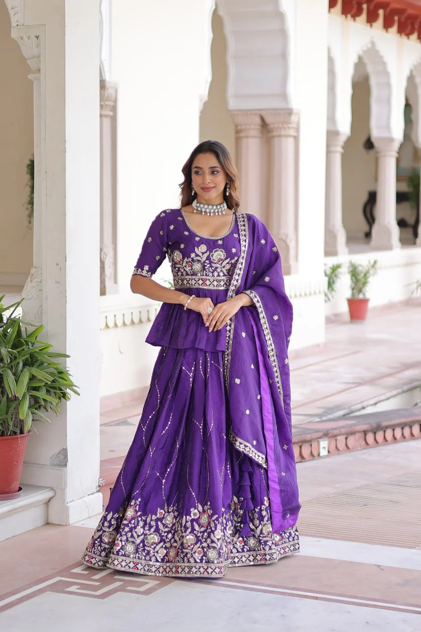 Gold Crush Embroidered Lehenga Set with Designer Peplum Blouse & Lace Dupatta