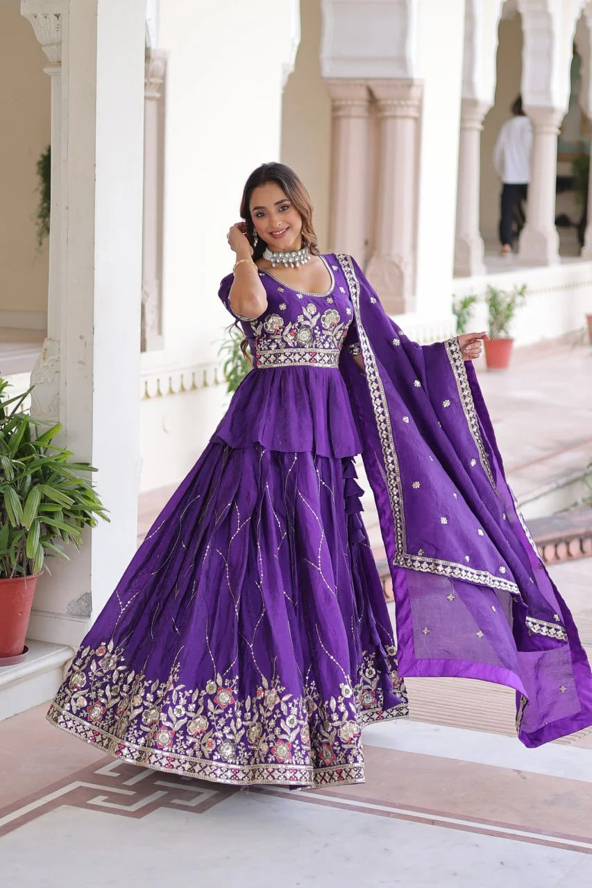 Gold Crush Embroidered Lehenga Set with Designer Peplum Blouse & Lace Dupatta