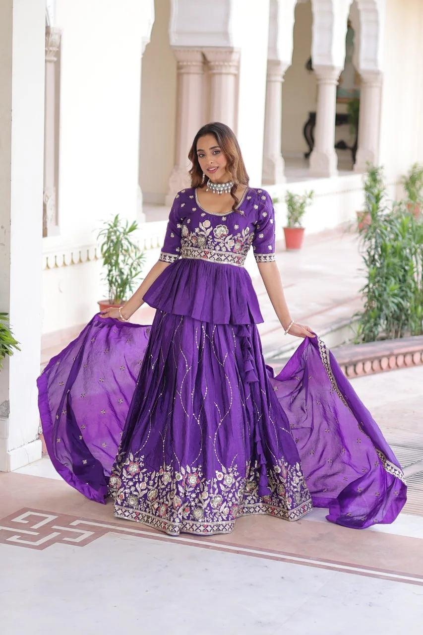 Gold Crush Embroidered Lehenga Set with Designer Peplum Blouse & Lace Dupatta