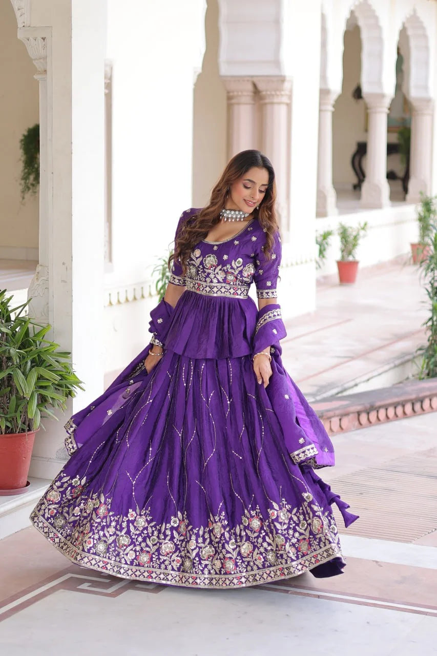 Gold Crush Embroidered Lehenga Set with Designer Peplum Blouse & Lace Dupatta
