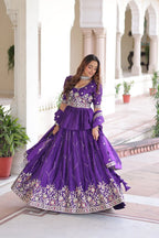 Gold Crush Embroidered Lehenga Set with Designer Peplum Blouse & Lace Dupatta