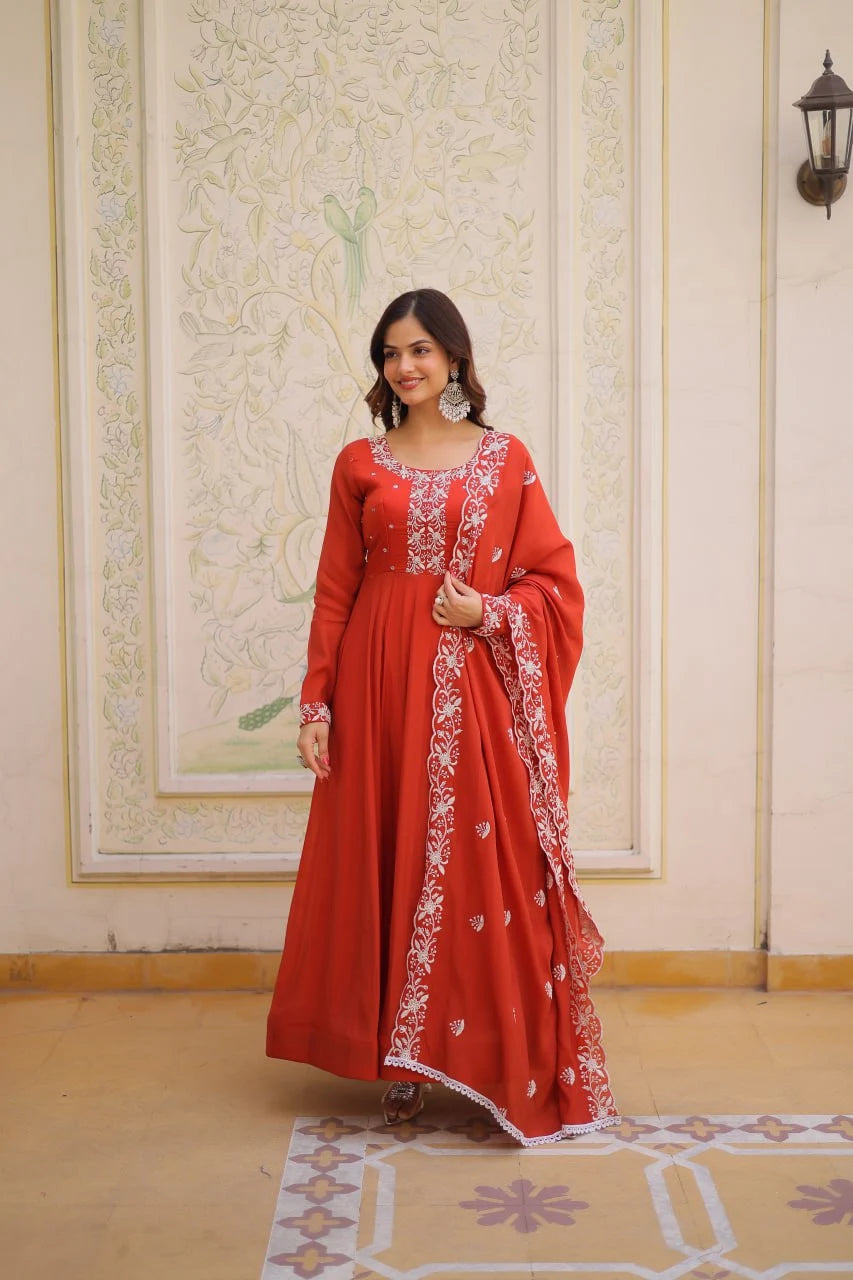 Elegant Mal Chanderi Beads Embroidered Gown Set with Designer Dupatta