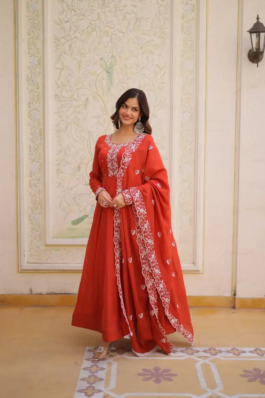 Elegant Mal Chanderi Beads Embroidered Gown Set with Designer Dupatta
