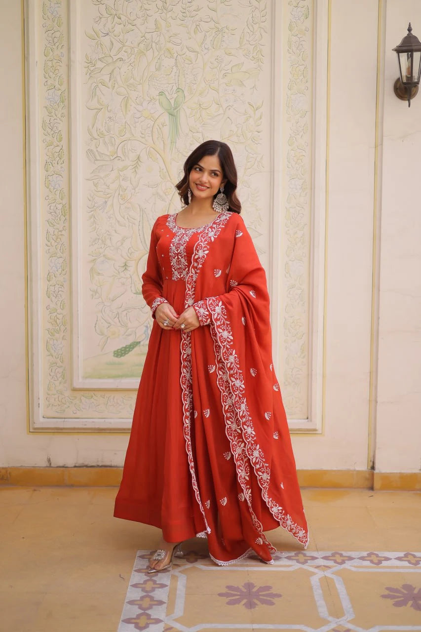Elegant Mal Chanderi Beads Embroidered Gown Set with Designer Dupatta