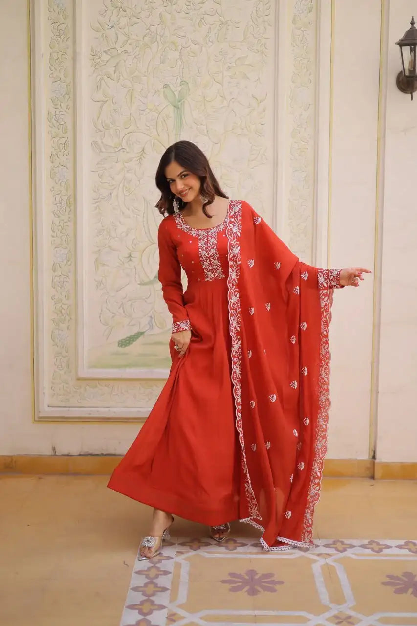 Elegant Mal Chanderi Beads Embroidered Gown Set with Designer Dupatta
