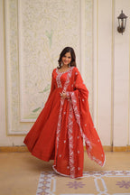 Elegant Mal Chanderi Beads Embroidered Gown Set with Designer Dupatta