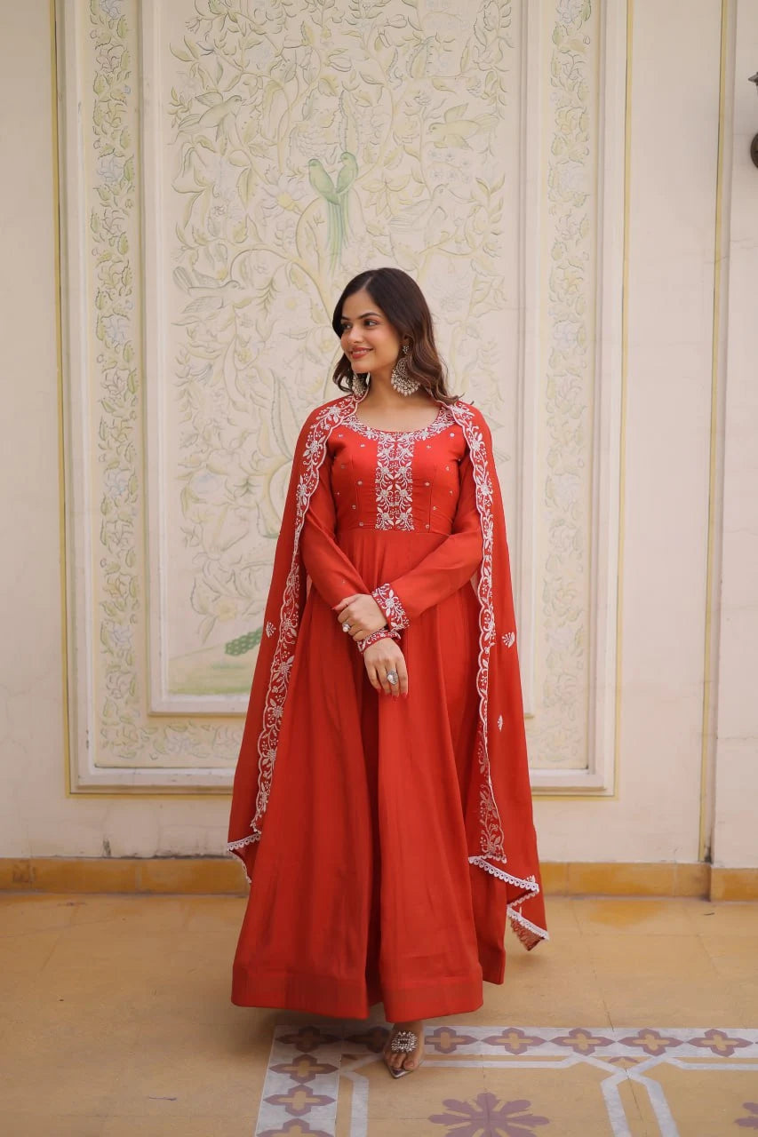 Elegant Mal Chanderi Beads Embroidered Gown Set with Designer Dupatta