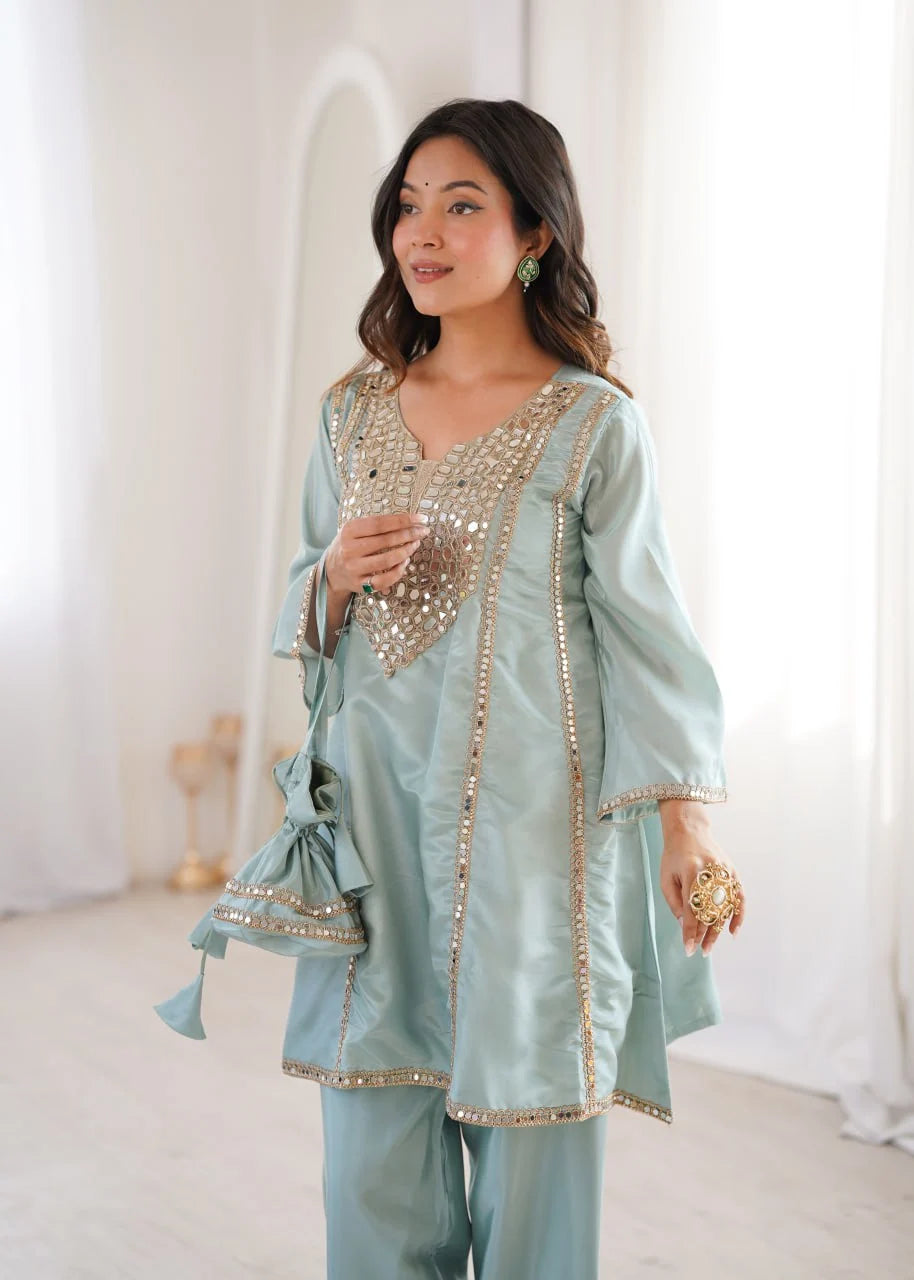 Glam Ethnic Look: Mirror Embroidered Kurti with Pant & Matching Batwa
