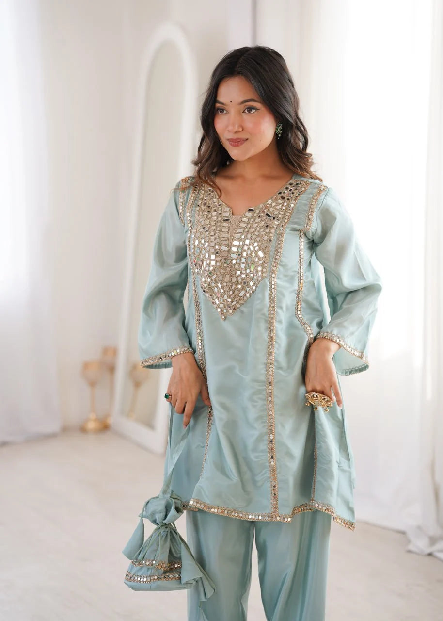 Glam Ethnic Look: Mirror Embroidered Kurti with Pant & Matching Batwa