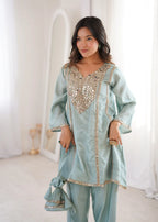 Glam Ethnic Look: Mirror Embroidered Kurti with Pant & Matching Batwa