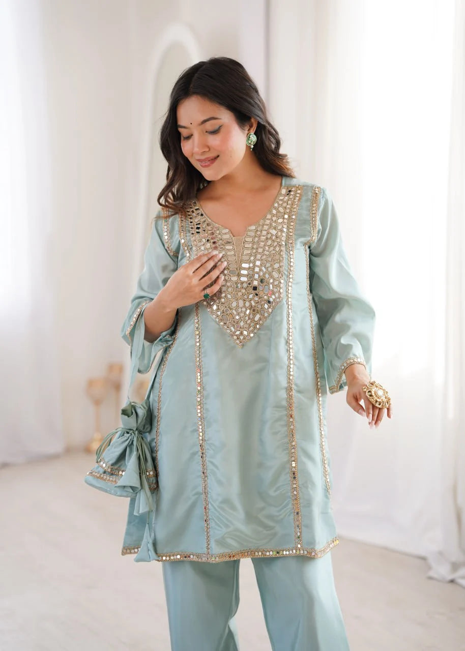 Glam Ethnic Look: Mirror Embroidered Kurti with Pant & Matching Batwa