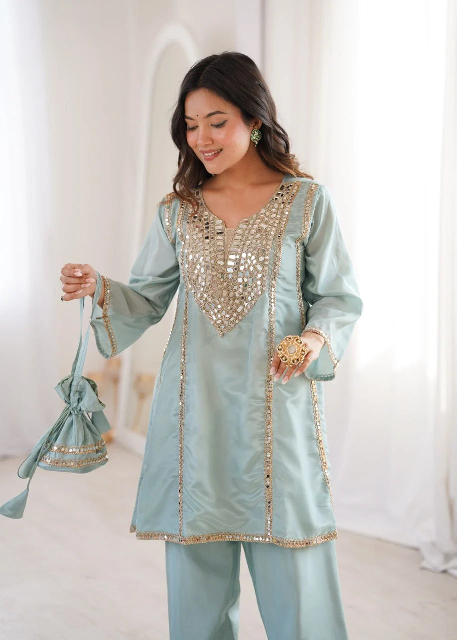 Glam Ethnic Look: Mirror Embroidered Kurti with Pant & Matching Batwa