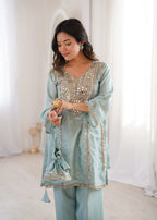 Glam Ethnic Look: Mirror Embroidered Kurti with Pant & Matching Batwa