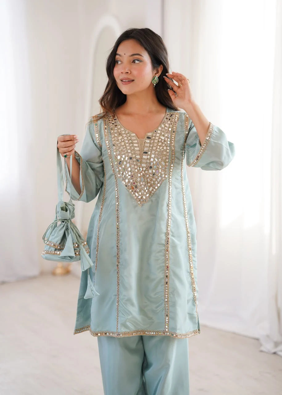 Glam Ethnic Look: Mirror Embroidered Kurti with Pant & Matching Batwa