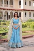 Designer Sky Blue Lehenga with Gold Crush Fabric & Lace Border Dupatta