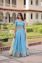 Designer Sky Blue Lehenga with Gold Crush Fabric & Lace Border Dupatta