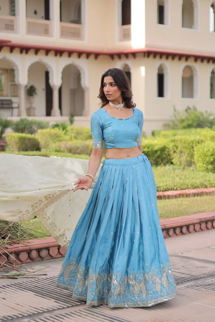 Designer Sky Blue Lehenga with Gold Crush Fabric & Lace Border Dupatta