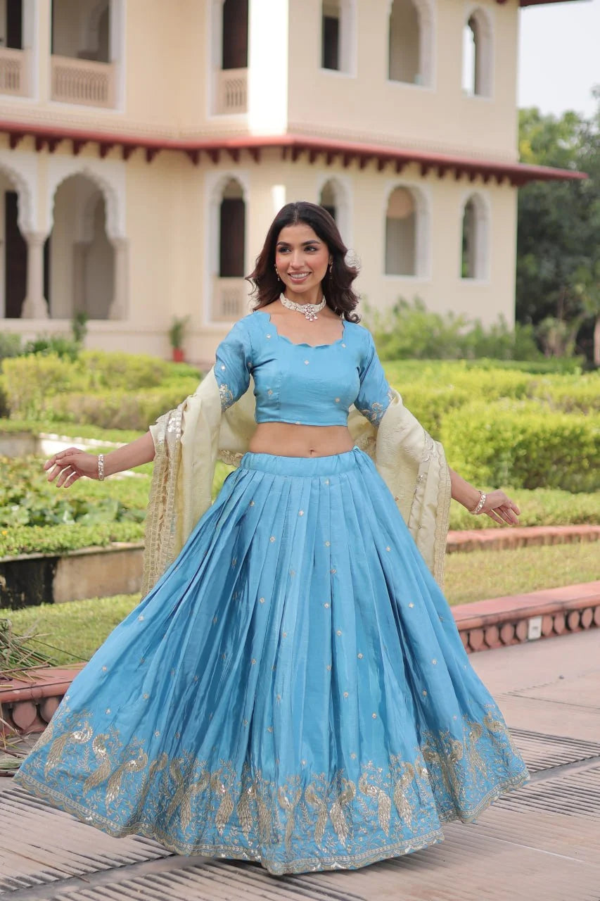 Designer Sky Blue Lehenga with Gold Crush Fabric & Lace Border Dupatta