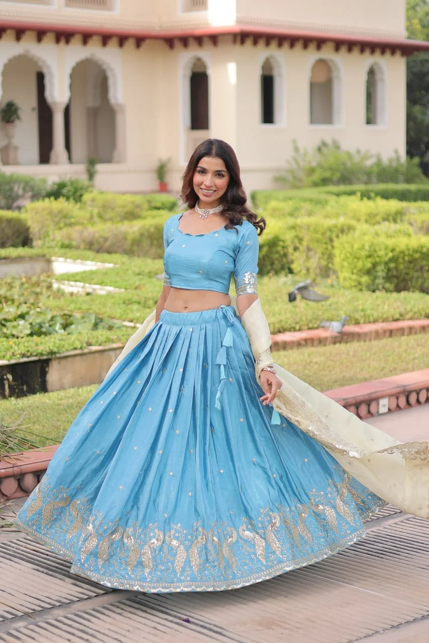 Designer Sky Blue Lehenga with Gold Crush Fabric & Lace Border Dupatta