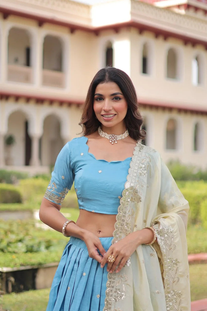 Designer Sky Blue Lehenga with Gold Crush Fabric & Lace Border Dupatta