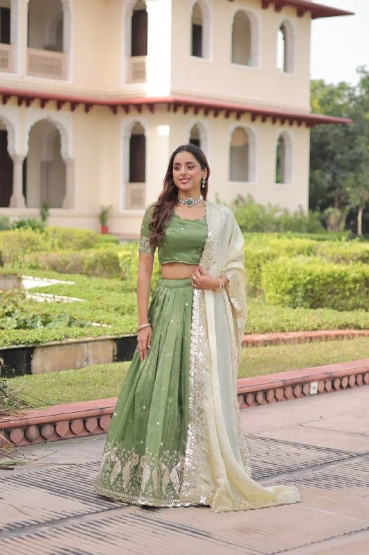Green Gold Crush Embroidered Lehenga Set with Heavy Sequence & Zari Work