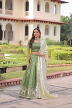 Green Gold Crush Embroidered Lehenga Set with Heavy Sequence & Zari Work