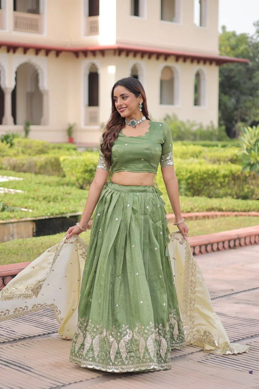 Green Gold Crush Embroidered Lehenga Set with Heavy Sequence & Zari Work