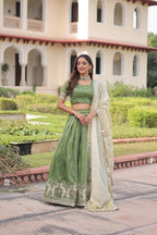 Green Gold Crush Embroidered Lehenga Set with Heavy Sequence & Zari Work