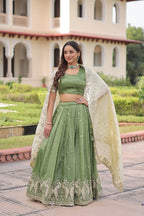 Green Gold Crush Embroidered Lehenga Set with Heavy Sequence & Zari Work