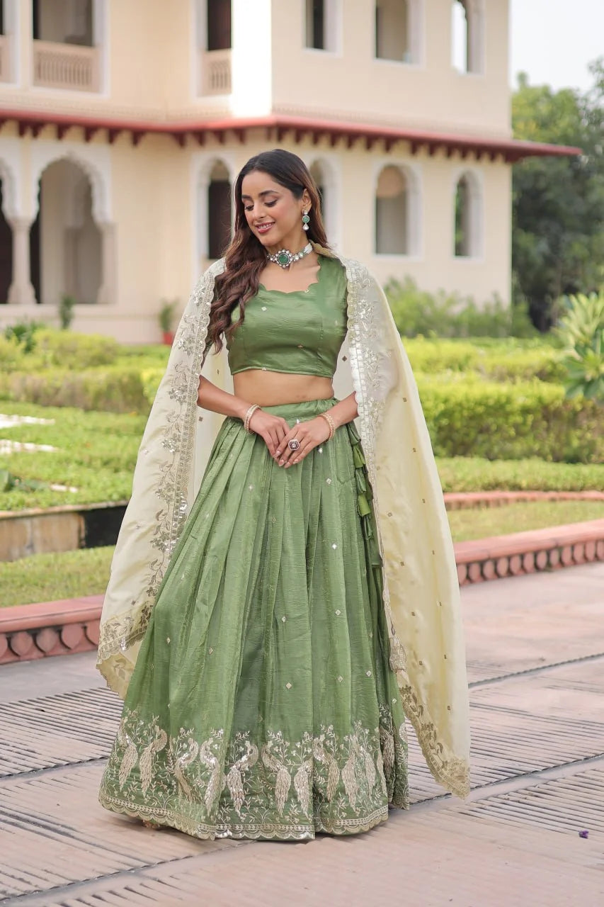 Green Gold Crush Embroidered Lehenga Set with Heavy Sequence & Zari Work