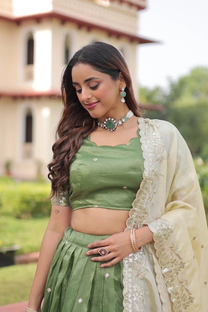 Green Gold Crush Embroidered Lehenga Set with Heavy Sequence & Zari Work