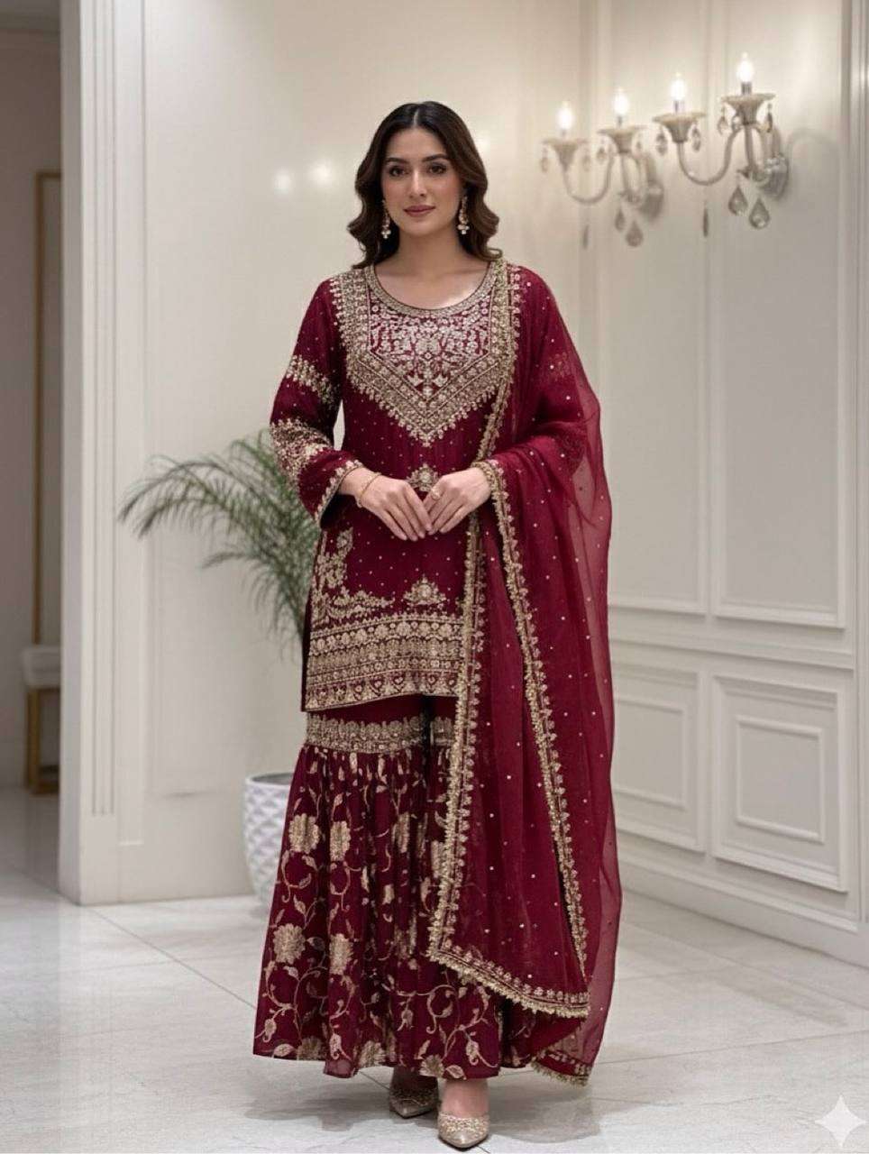 Heavy Georgette Embroidered Topâ€“Bottom Set With Dupatta