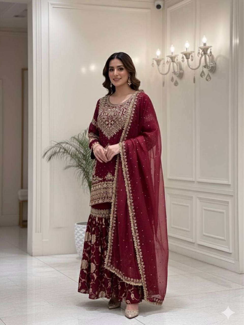 Heavy Georgette Embroidered Topâ€“Bottom Set With Dupatta