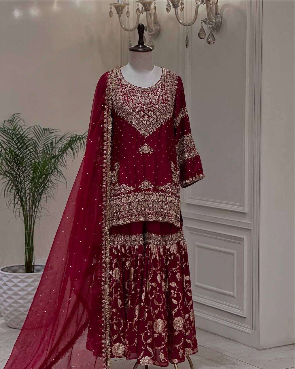 Heavy Georgette Embroidered Topâ€“Bottom Set With Dupatta