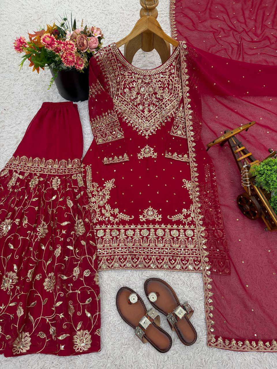 Heavy Georgette Embroidered Topâ€“Bottom Set With Dupatta