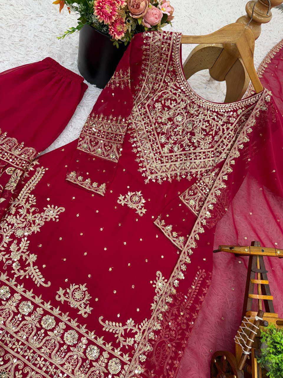 Heavy Georgette Embroidered Topâ€“Bottom Set With Dupatta