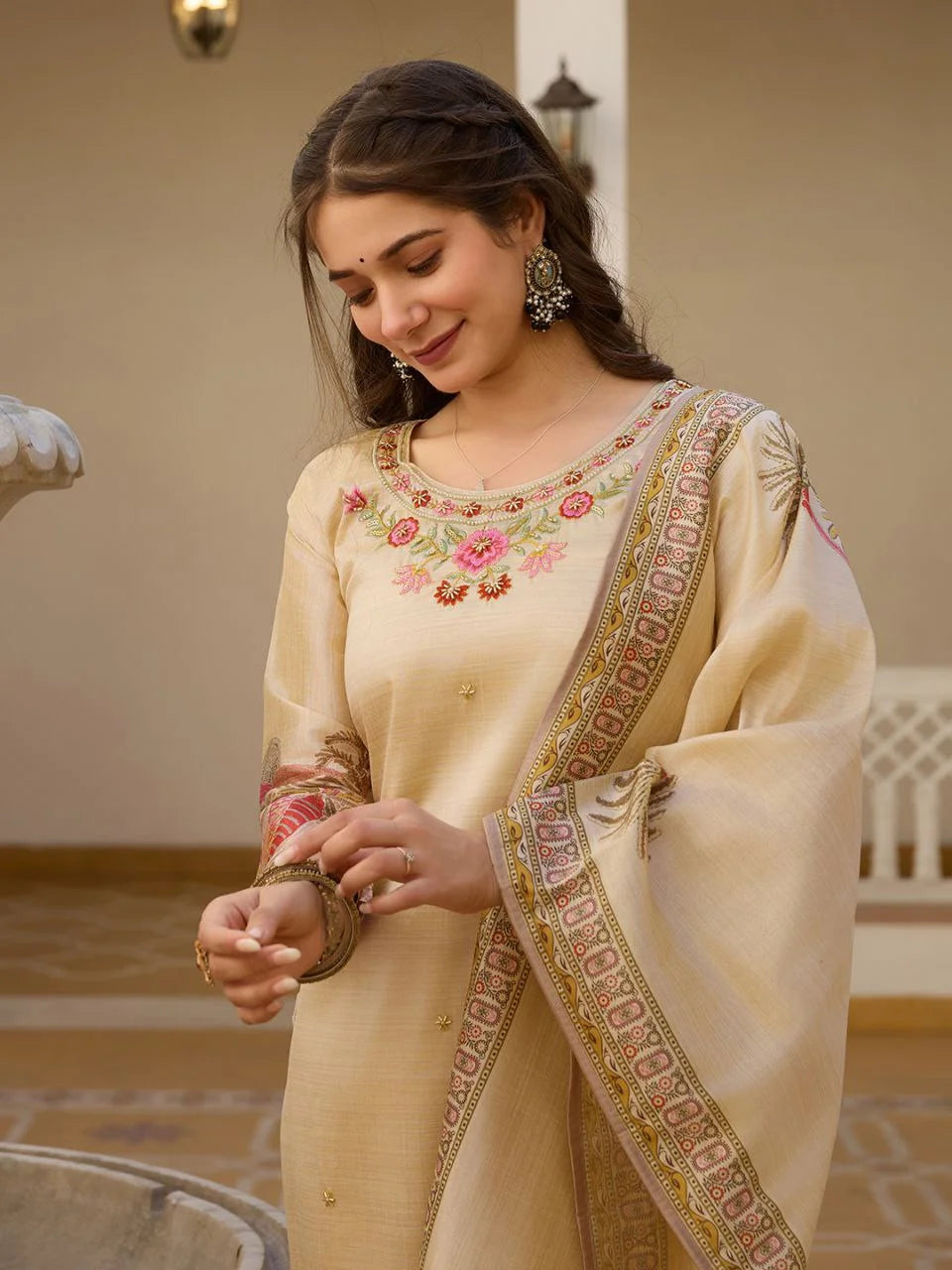 Premium Viscose Asam Silk Suit Set with Embroidery & Printed Dupatta