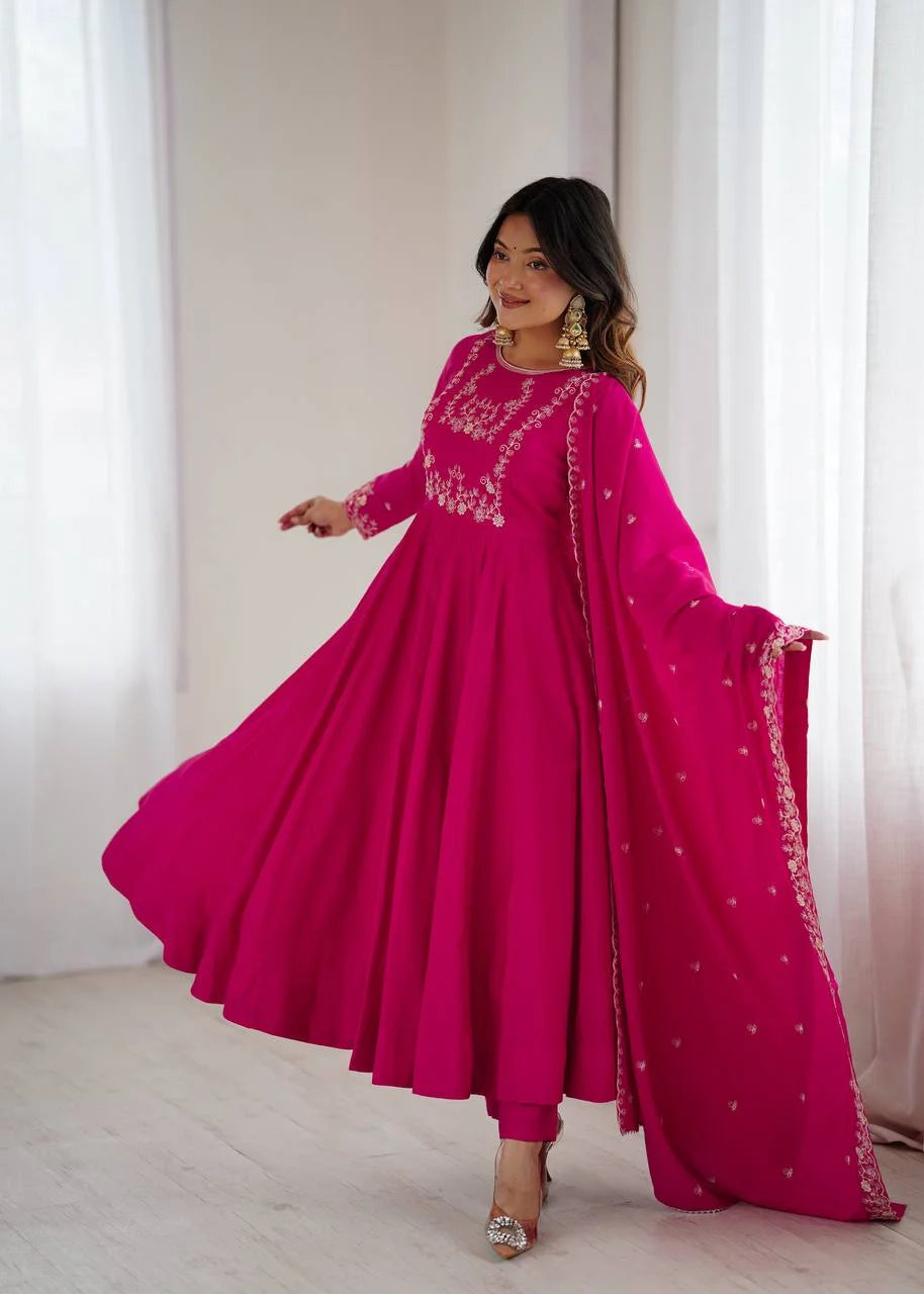 Opulent Roman Chanderi Anarkali Set â€“ Beads Embroidery & Fancy Dupatta