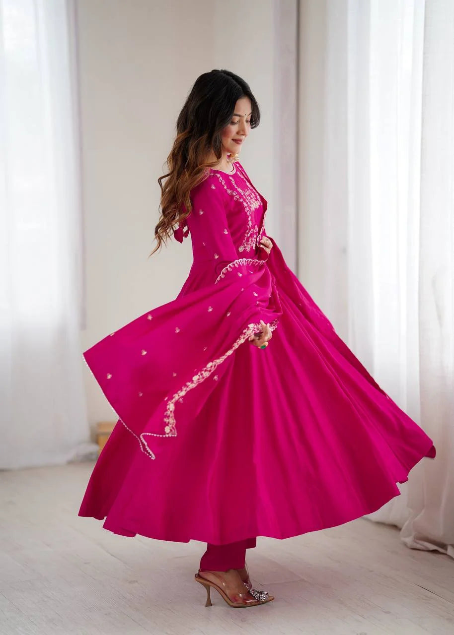 Opulent Roman Chanderi Anarkali Set â€“ Beads Embroidery & Fancy Dupatta