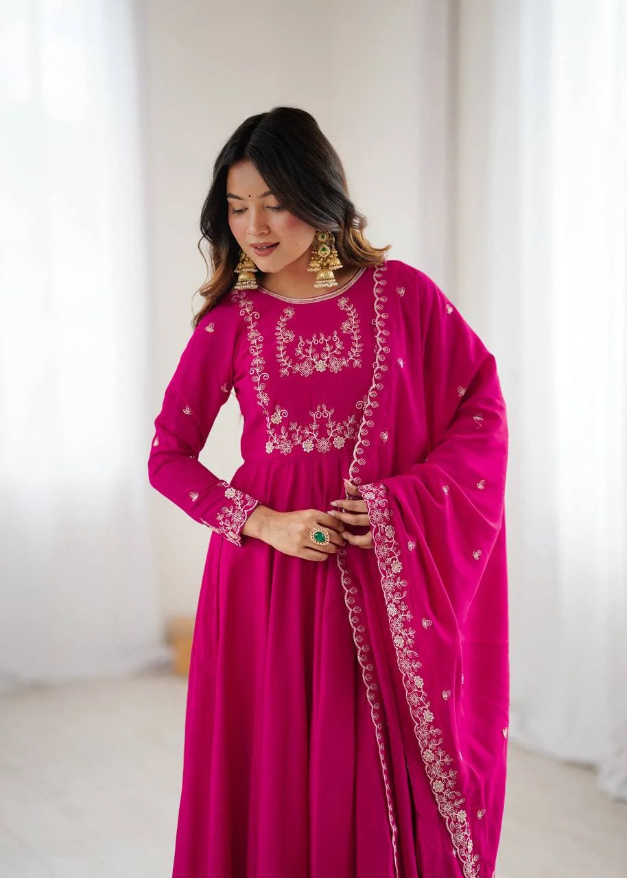 Opulent Roman Chanderi Anarkali Set â€“ Beads Embroidery & Fancy Dupatta
