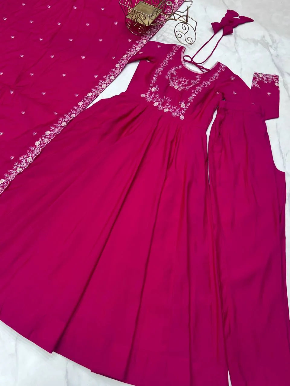 Opulent Roman Chanderi Anarkali Set â€“ Beads Embroidery & Fancy Dupatta