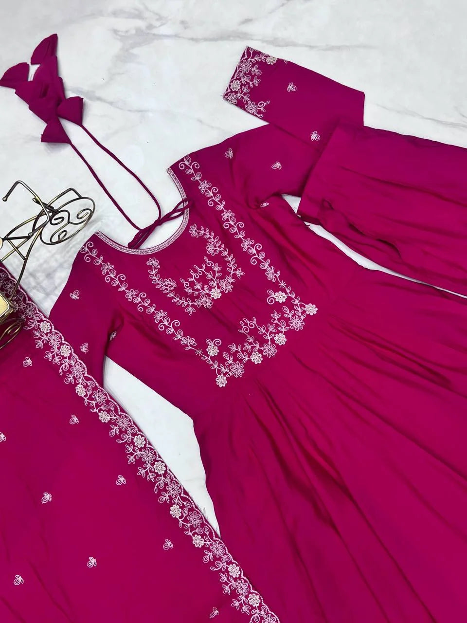 Opulent Roman Chanderi Anarkali Set â€“ Beads Embroidery & Fancy Dupatta