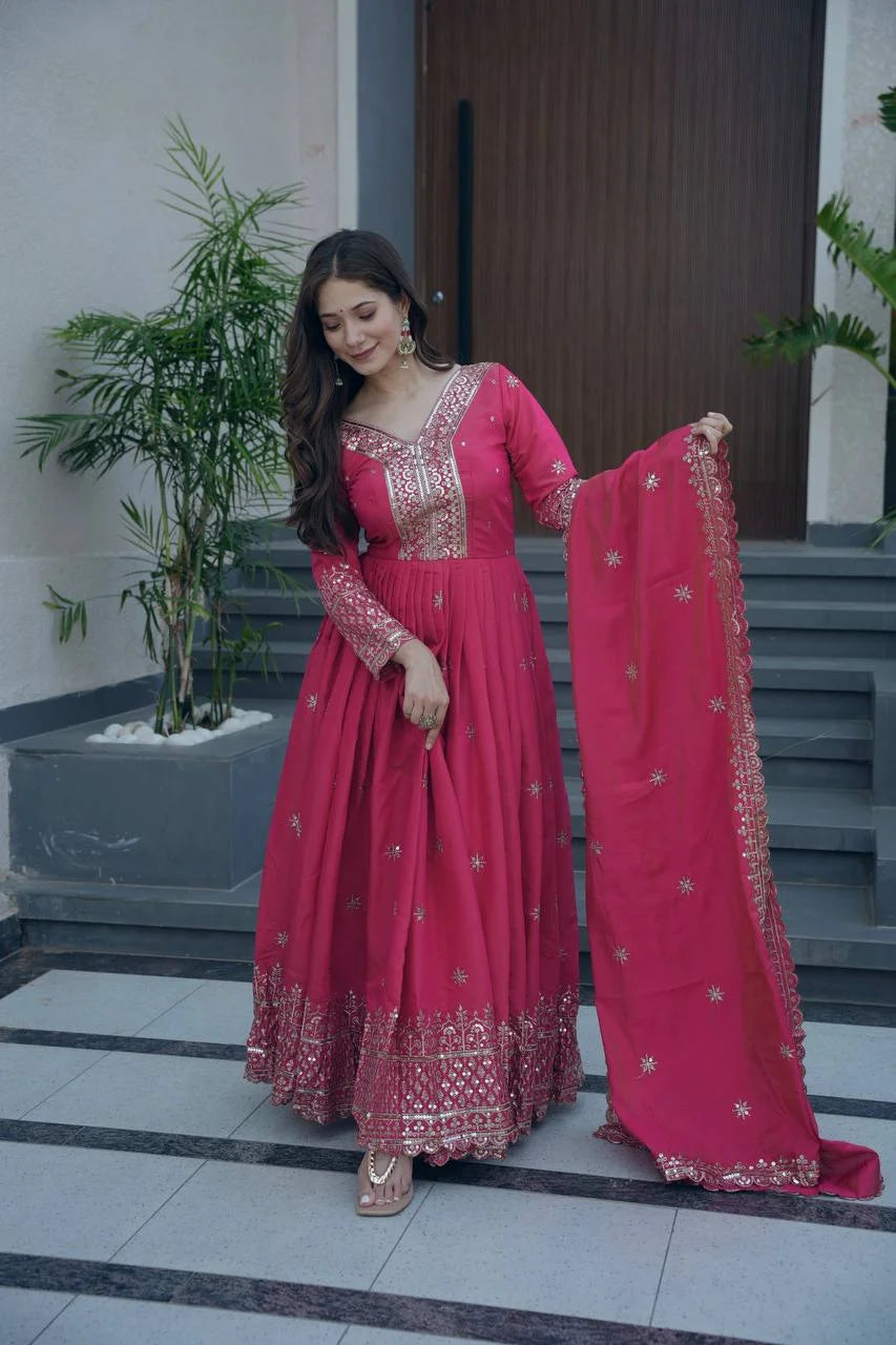 Heavy Shimmer Silk Gown Set with Embroidery Sequence Work