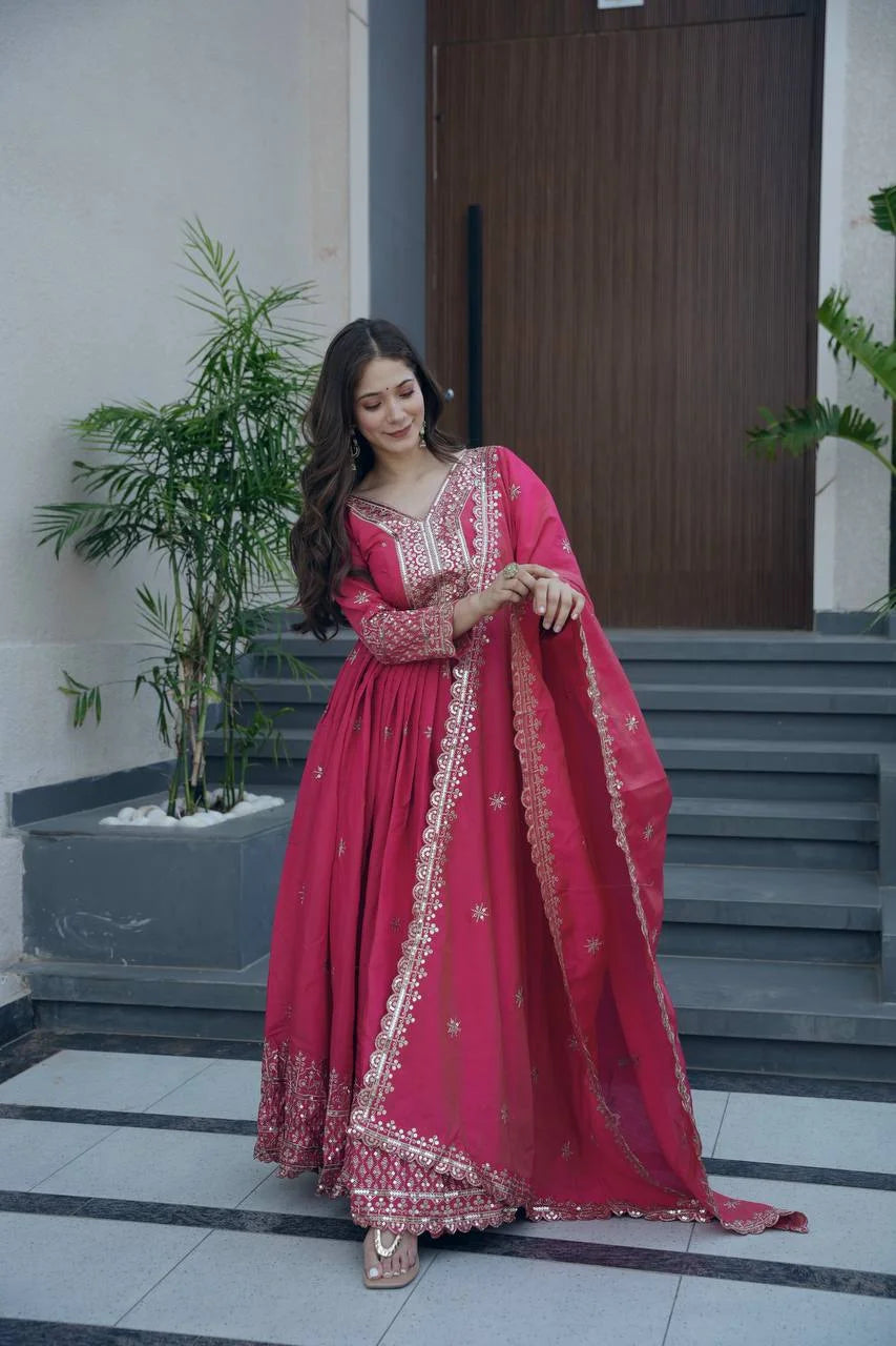 Heavy Shimmer Silk Gown Set with Embroidery Sequence Work