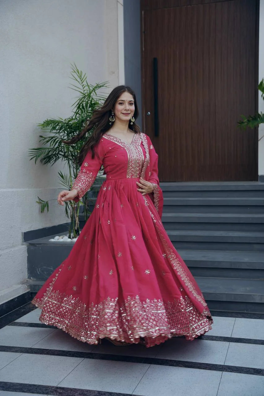 Heavy Shimmer Silk Gown Set with Embroidery Sequence Work