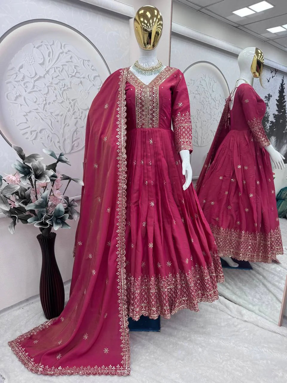 Heavy Shimmer Silk Gown Set with Embroidery Sequence Work