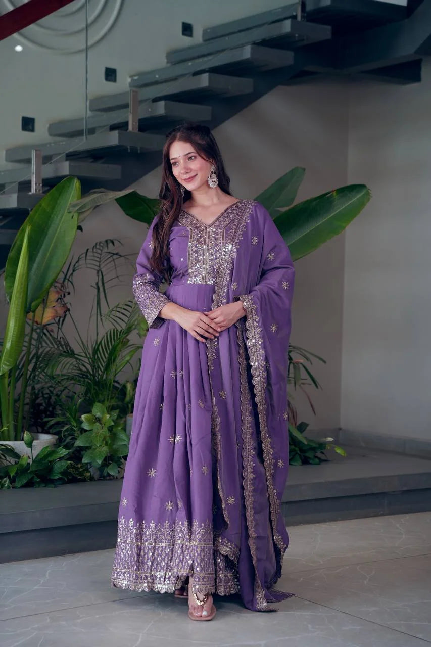 Designer Shimmer Silk Sequence Work Gown with Dupatta